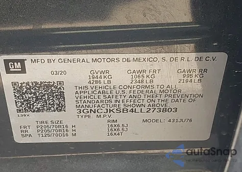 2020 Chevrolet Trax Fwd Ls z USA, uszkodzony, nr VIN 3GNCJKSB4LL273803